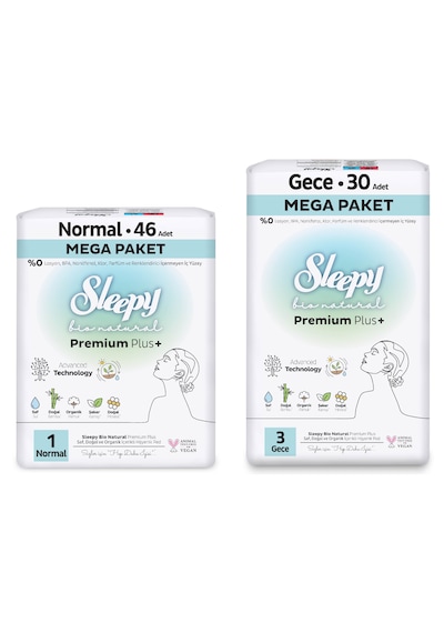 Sleepy Bio Natural Premium Plus Hijyenik Ped Mega Paket Normal 46'lı + Gece 30'lu + Cüzdan