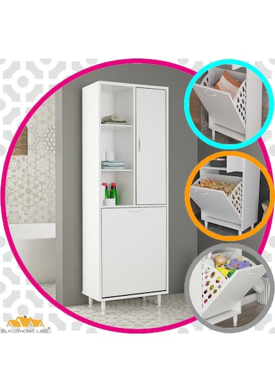 Modilayn Dilsu 55x165 Cm Kirli Çamaşır Bölmeli Çok Amaçlı Banyo Dolabı Beyaz