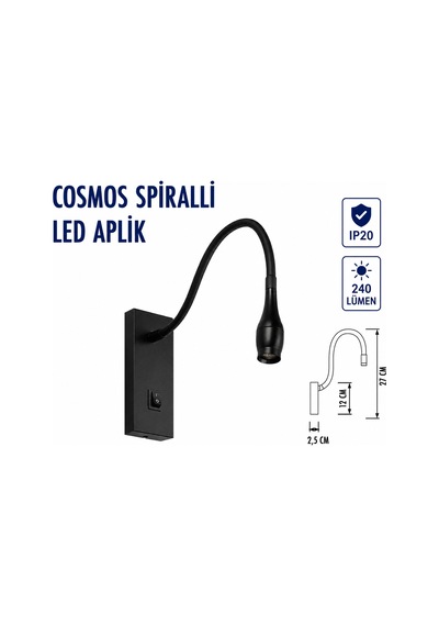 Lampist 3w Sipralli Yatak Başı Aplik Siyah 3000k