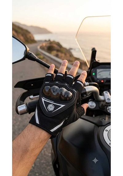 Forestia Siyah Yarım Parmak Motorcu Eldiveni - Kısa Taktik Spor Reflektörlü Kaymaz Motosiklet Bisiklet Eldiveni