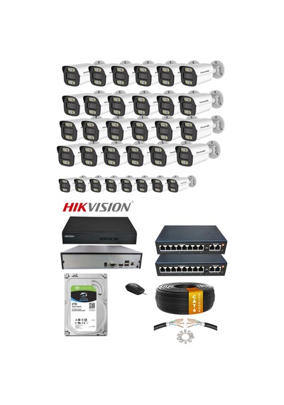 32'li 5mp Ip Kamera Seti Poe Hikvision Nvr İç/dış Mekan Gece Görüş Ses Kayıt Mobil İzleme 2tb Hdd Full Set
