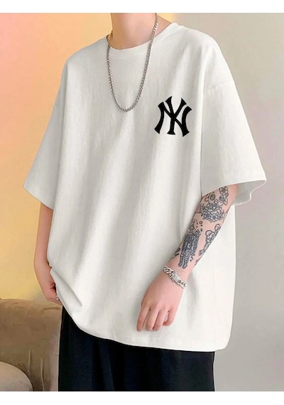 Adrift Unisex Yankees Özel Baskılı Oversize Penye Bisiklet Yaka T-shirt Beyaz