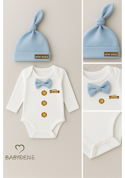 Babyden's Mini Boss Papyonlu Erkek Bebek Zıbın Seti Şapkalı Yenidoğan Bebek Body Takım Mavi