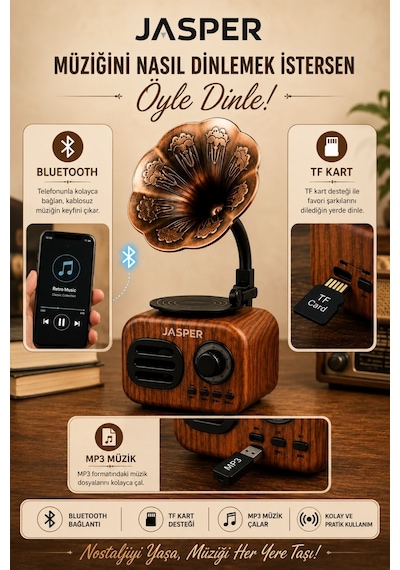 Jasper Jpr-1513 Nostalji Gramofon Bluetooth Hoparlör Kablosuz Taşınabilir Ses Tasarımlı Bombası Extra Bass