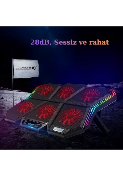 Rgb Işıklı 6 Fanlı 7 Kademeli Lcd Göstergeli Notebook Laptop Soğutucu Stand Coolcold 17 İnç Sessiz