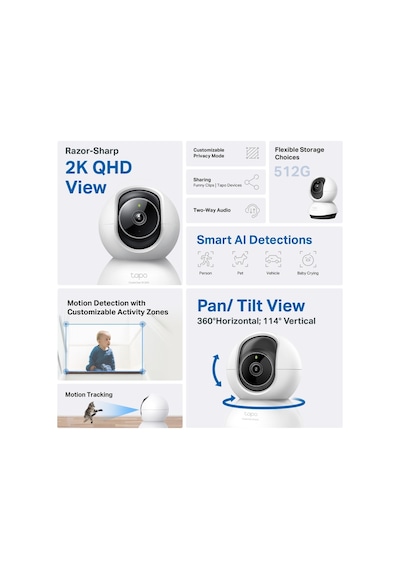 Tp-lınk Tapo Tc72 C220 2k Qhd 40mpix İç Mekan Wifi 9mt. Gece Görüşü 360 Dönüş İki Yönlü Ses Güvenlik Yapay Zeka Destekli Kamera 1923