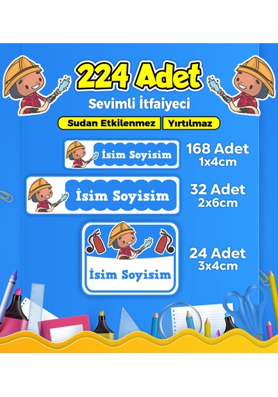 Sevimli İtfaiyeci Temalı Okul Kreş Kişiye Özel İsim Etiket Seti - Model 206 Çok Renkli
