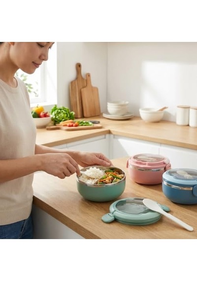 Deconox 700 Ml Paslanmaz Çelik Yemek Kabı, Kaşıklı, Saplı Ve Kilitli Yuvarlak Lunch Box, Mavi Yeşil Pembe Renk Seçenekli, 12x11x13cm Kapaklı Saklama Ve Taşıma Kabı