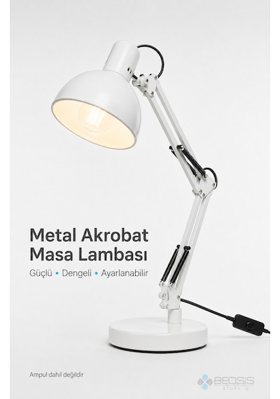 Metal Akrobat Masa Lambası Yaylı 360 Ayarlanabilir E27 Beyaz