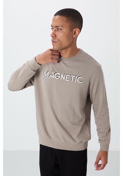 Tommy Life Camel Yazı Nakışlı O Yaka Rahat Form İçi Polarlı Erkek Sweatshirt - 88020 CAMEL