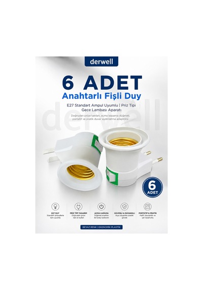 6 Adet Anahtarlı Fişli Duy E27 Standart Ampul Uyumlu Priz Tipi Gece Lambası Aparatı Doğrudan Priza Takılan Açma Kapama Düğmeli Portatif Pratik Duvar Aydınlatma Adaptörü, Beyaz Renk Ekonomik Plastik