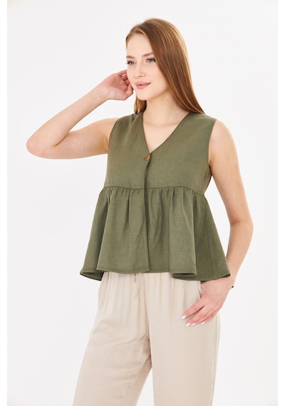 Sortie Collection V Yaka Tek Düğmeli Peplum Haki Keten Bluz