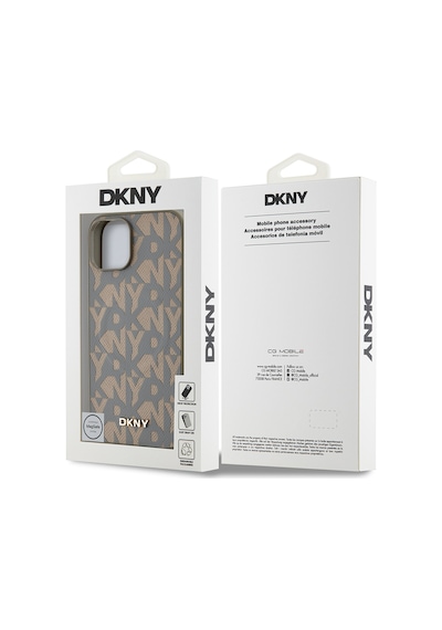 Apple Uyumlu iPhone 15 Kılıf Dkny Lisanslı M-safe Şarj Özellikli 3d Yazılı Grid Pattern Kapak Kahverengi