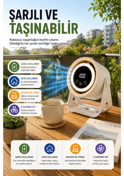 6 Kademeli Şarjlı Masaüstü Fan Dijital Ekranlı Led Işıklı Duvara Monte Askılı Mini Fan K6 Model