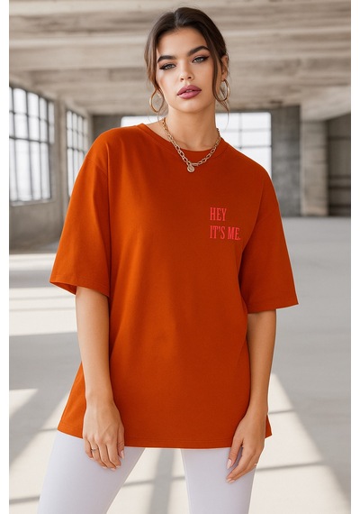 Hey It's Me Baskılı Oversize T-shirt Turuncu