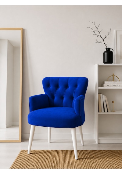 Roma Saks Mavi Babyface Kumaş Berjer Beyaz Ahşap Ayaklı Modern Tekli Koltuk