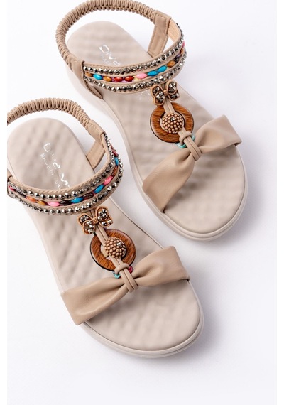 Dm-608 Bej Taşlı Arka Lastikli Günlük Kadın Sandalet Bej