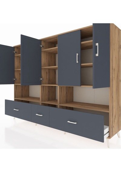 Hyperion Dolap 12 Raflı 3 Çekmeceli 5 Kapaklı 220x44x163 Çam-antr Çam-antrasit
