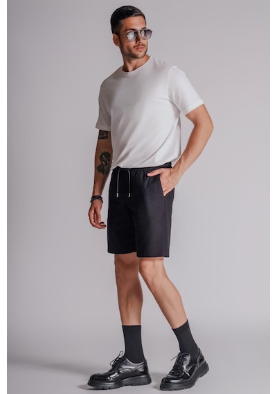 Braccas Erkek Yandan Cepli Beli Lastikli Keten Dokulu Relaxed Fit Jogger Şort Siyah Siyah