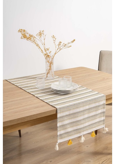 Rivaistanbul Ruffle Püsküllü Pamuklu Ham Keten Runner 50x130 Cm Açık Krem