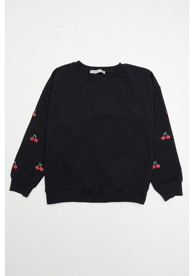 Kolları Kiraz Nakışlı Kız Çocuk Sweatshirt 26kcck7336132979-siyah Siyah