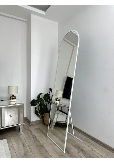 Effe Beyaz Metal Çerçeveli Ayaklı Oval Boy Aynası 180x60 Cm