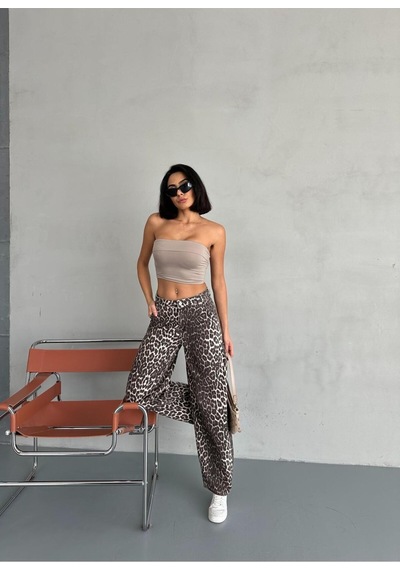 Zeo Basic Skater Pantolon Leopar Desenli Bej Bej