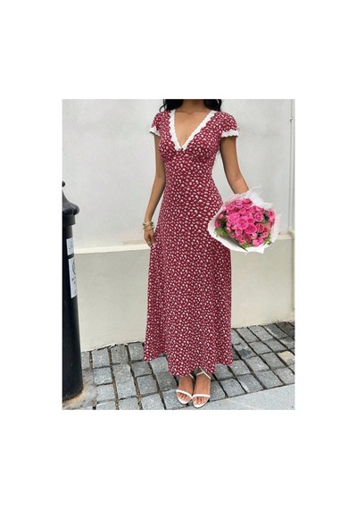 Butik İstanbul Kadın Kısa Kollu Derin V Yakalı Dantel Detaylı Çiçek Desenli Uzun Süprem Elbise Kırmızı