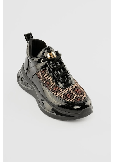 Mubiano Kadın Rugan Sneaker Leopar File Detaylı Kalın Tabanlı Bağcıklı Marsia Siyah Siyah