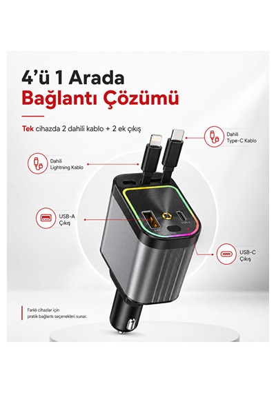 66w Geri Çekilebilir 4'ü 1 Arada Araç Şarj Cihazı Type-c Lightning 01
