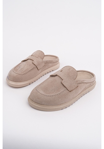 Muggo Vintage Süet Deri Günlük Rahat Önü Kapalı Kadın Loafer Terlik Bej