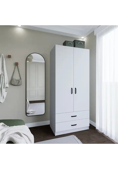 Yaman 80 Cm Mat Beyaz 2 Kapaklı 2 Çekmeceli Elbise Dolabı - Gardırop Beyaz