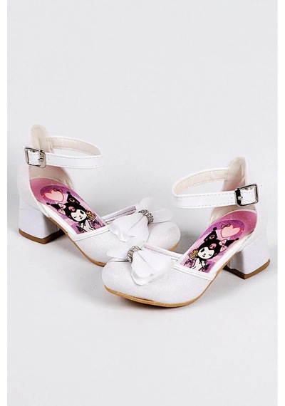 Nese Shoes Kız Çocuk Karakter Baskılı Topuklu Ayakkabı, Simli Fiyonklu Abiye Ayakkabı Ekru