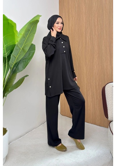 Mihran Butik Soho Elegance Yaka Detaylı Kadın Tesettür Alt Üst Takım Siyah