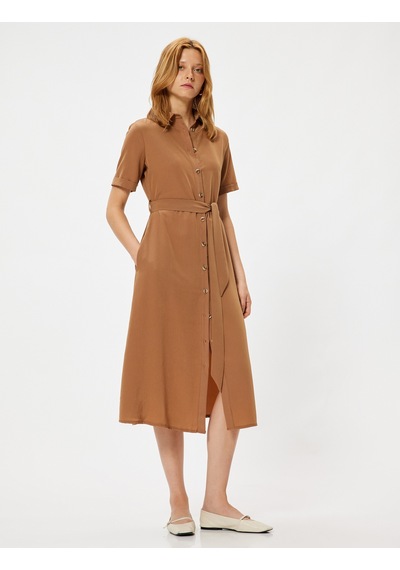 Koton Uzun Elbise Balon Kol V Yaka Kemerli Düğmeli Kahverengi 4sak80024uw Kahverengi