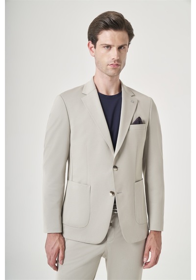 İmza Bej Mono Yaka 6 Drop Slim Fit Esnek Beli Lastikli Takım Elbise 1001260165