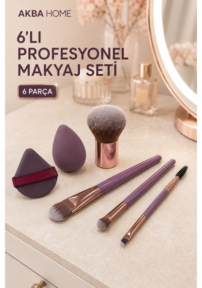 6 Lı Profesyonel Makyaj Fırça Seti Kabuki Fondöten Far Kaş Fırçası Sünger Ve Pudra Pufu