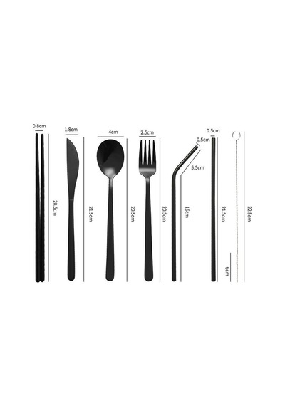 Valkyrie 8 Parça Çantalı Yolculuk Çatal Bıçak Kaşık Pipet Chopstick Seti Kamp Okul Ofis Tatil Paslanmaz Çelik Siyah Siyah