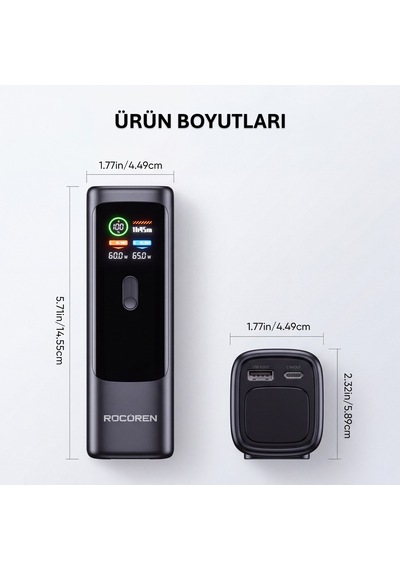 Rocoren 20000mah 100w Powerbank Dijital Ekranlı Hızlı Şarj Dahili Type-c Kablo + Usb-c + Usb-a Macbook, Tablet Ve Telefonlarla Uyumlu Taşınabilir Şarj Cihazı Siyah