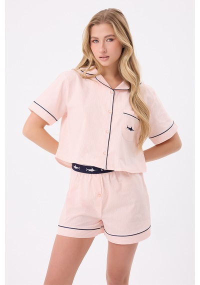 Lespadon Marısılk Seastrıpe Kadın Yazlık Şortlu Crop Gömlekli Pijama & Lounge Takımı-3173 Pembe