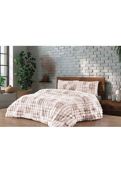 Merinos Diamond 3 Parça Bubble Kürk Comforter Set Duman Bej