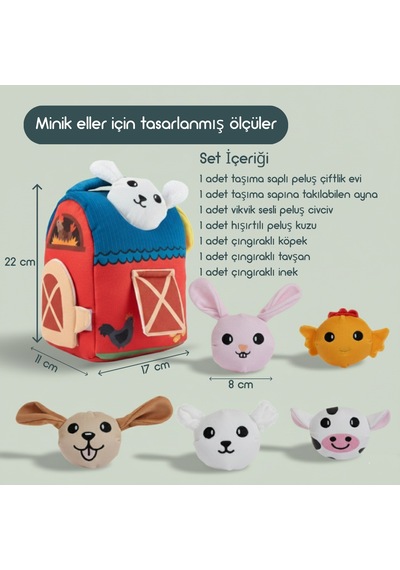 Momely My First  Farm Set Bebek Peluş Çiftlik Evi Ve Hayvan Oyuncakları, Yıkanabilir Duyusal Set +6ay