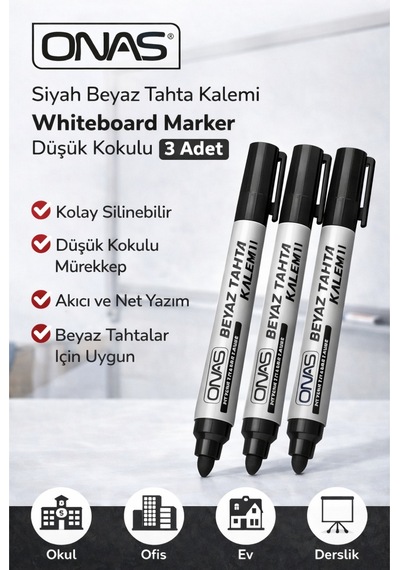 Onas Siyah Beyaz Tahta Kalemi Whiteboard Marker Düşük Kokulu 3 Adet Çok Renkli