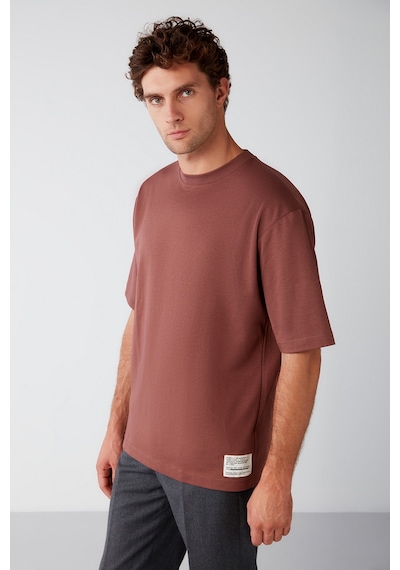 Grimelange Joel Erkek %100 Organik Pamuklu Kalın Kumaşlı Özel Dokulu Etiket Detaylı Oversize Bordo T-shirt