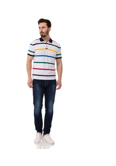 Cipo & Baxx Çizgili Polo Yaka Erkek Basic Tişört Ct749 Whıte