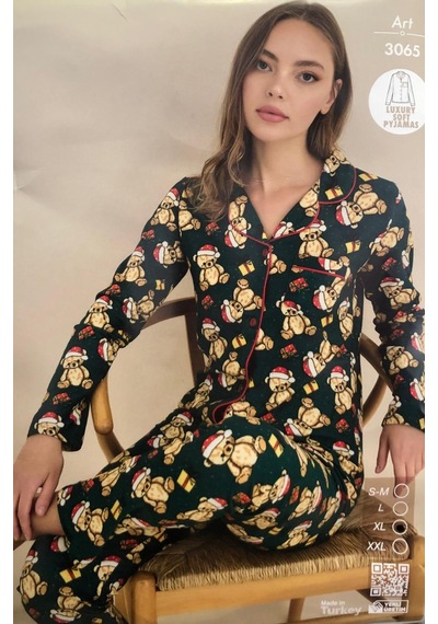 Çağrı Kadın Kışlık Süet Uzun Kollu Önü Düğmeli Pijama Takımı 3065 Yeşil