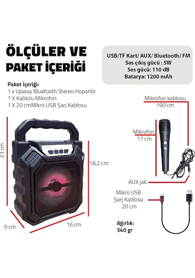 Upway Şarjlı Mikrofonlu Led Işıklı Bluetooth Hoparlör - Usb-aux-tf Kart-fm Radyo