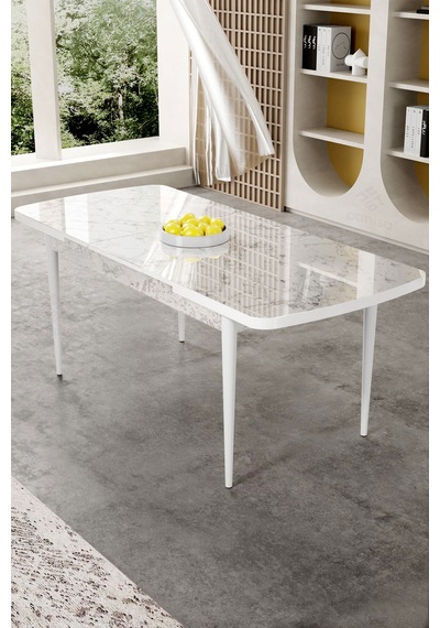 Canisa Gale Serisi 80x132 Açılabilir Lak Panel Beyaz Mermer Desen Mutfak Masa Takımı 4 Krem Sandalye Masa Beyaz Mermer Desenli Sandalyeler Krem