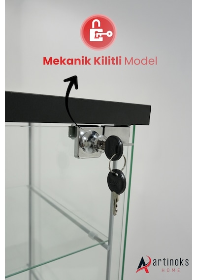 3 Raflı Kilitli Cam Vitrin Siyah Gümüşlük Sergi Vitrini Kitaplık Büfe Siyah