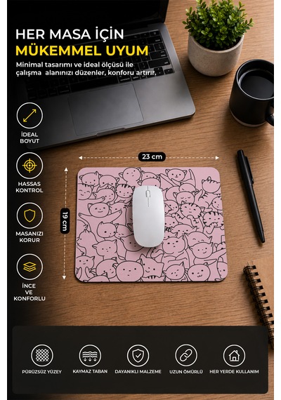 Sevimli Kediler Pembe Mouse Pad - 23 Cm X 19 Cm - Kaydırmaz Taban Ev Ve Ofis Kullanımı Mousepad